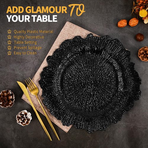 24 Pcs Black Charger Plates Bulk 13 Inch Plastic Charger Plates for Dinner Plate, Black Chargers for Table Setting, Reef Design Plate Floral Decorative Round Chargers for Wedding Party, Event