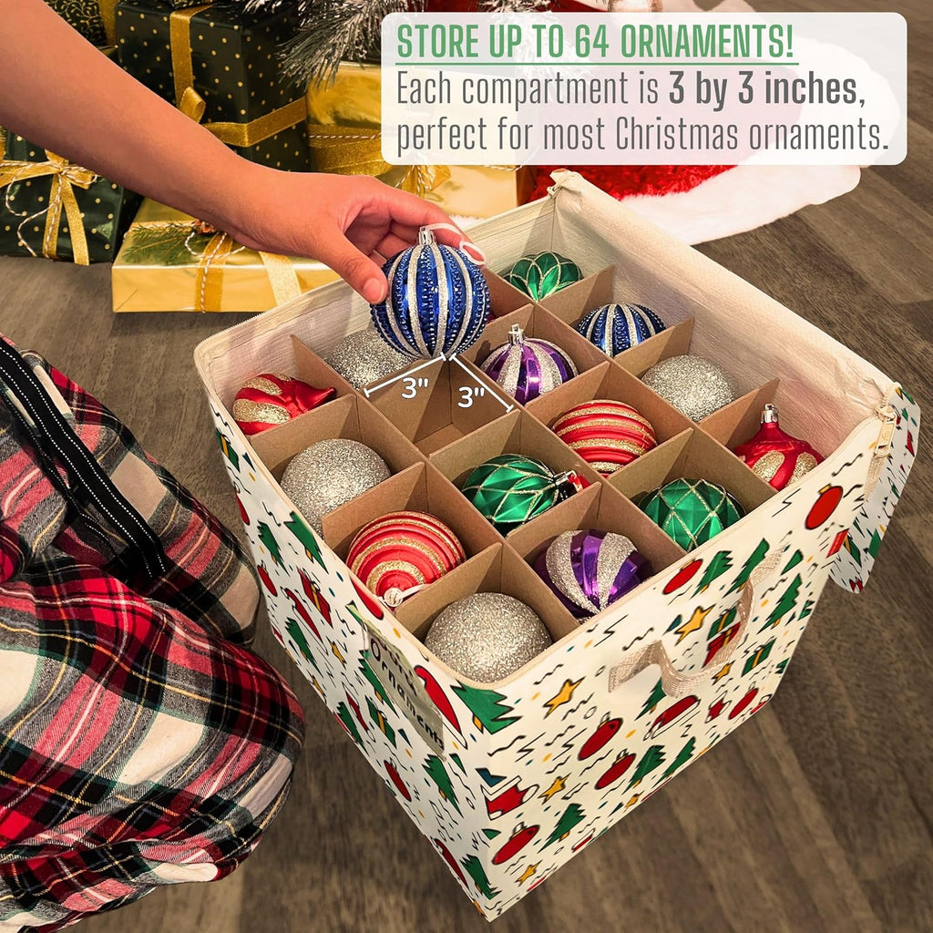 VENO Christmas Ornament Storage Box - 4 Pack for 64 Ornaments | Adjustable Dividers & Zippered Top, 3-Inch Cube Compartments (Jingle Mix)