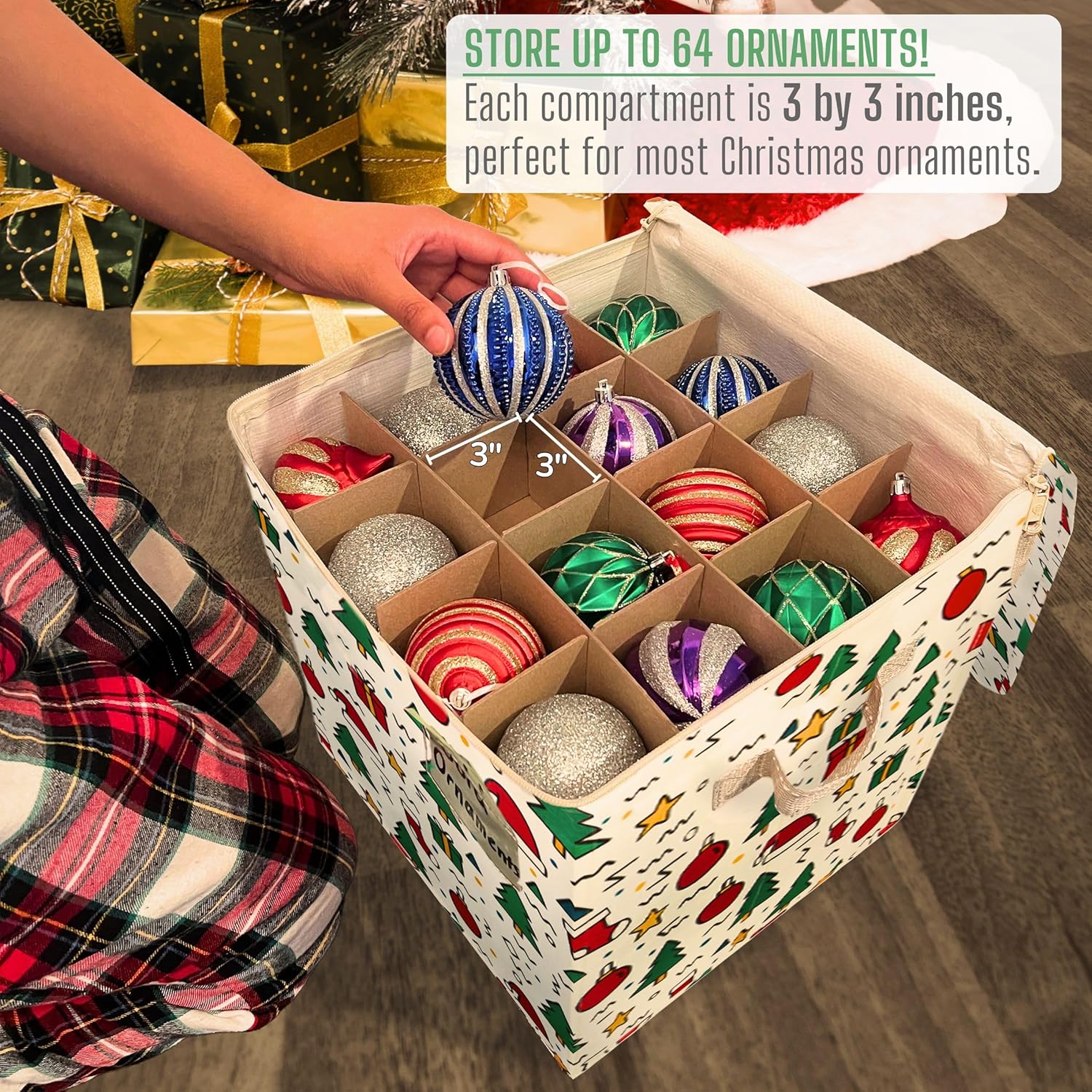 VENO Christmas Ornament Storage Box - 4 Pack for 64 Ornaments | Adjustable Dividers & Zippered Top, 3-Inch Cube Compartments (Jingle Mix)