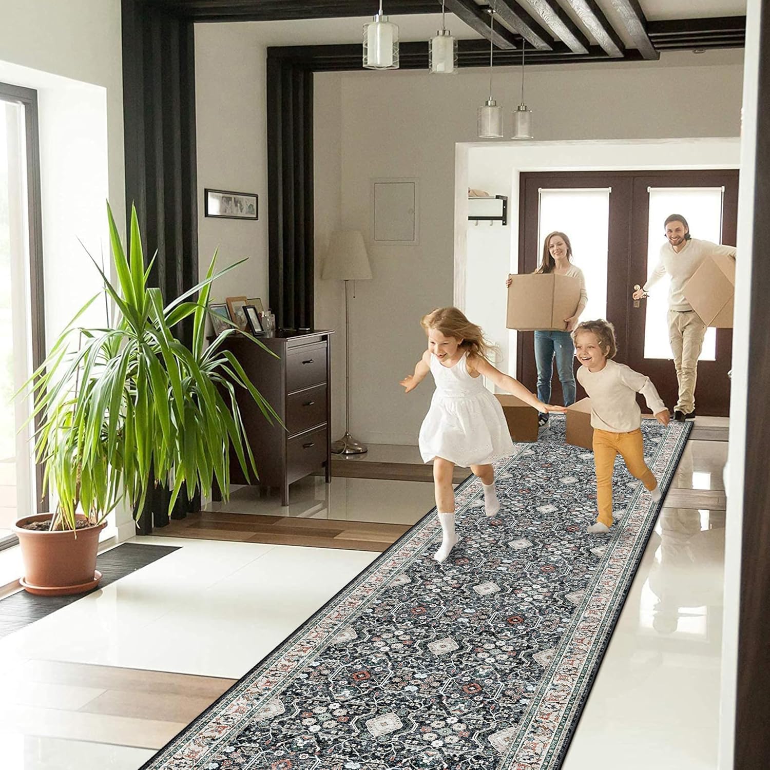 Skiennix Non-Slip Runners - Washable Ultra Soft Vintage Kitchen Rug | 2x12 Black Area Mat for Hallways & Living Rooms