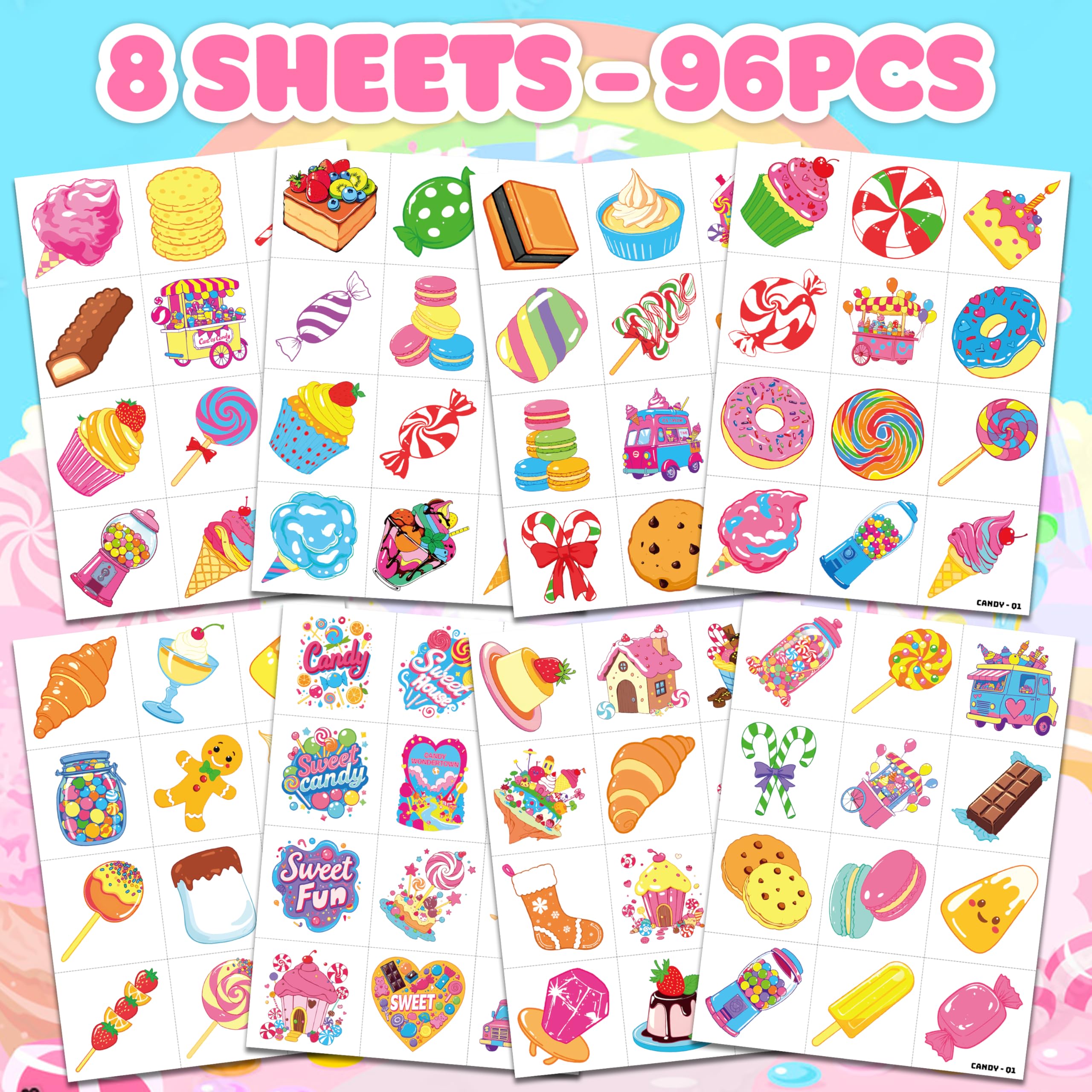 96 PCS Pre-Cut Candy Temporary Tattoos for Kids Birthday Party Favors