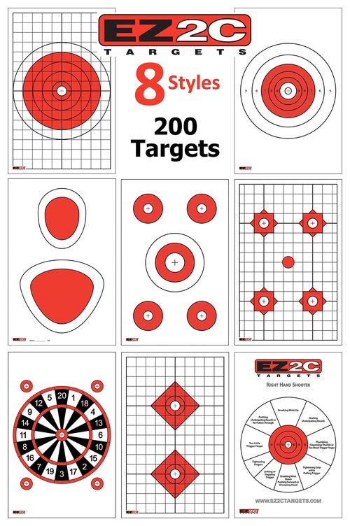 200 EZ2C Targets - Eight Most Popular Styles Combo Package Paper Shooting Targets for Range