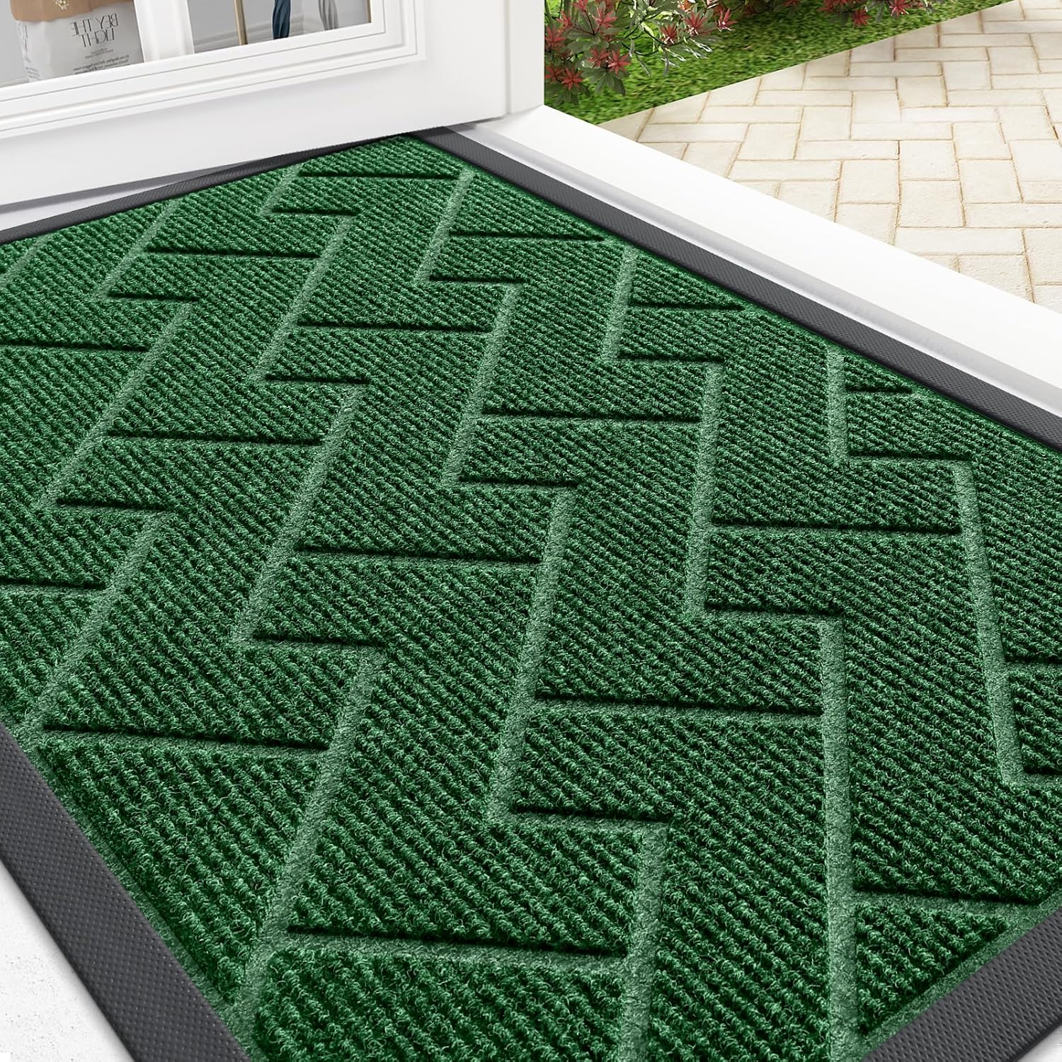 OLANLY Waterproof Front Door Mat - All-Season Sturdy Natural Rubber | Low Profile Herringbone Design (Green, 29.5x17)