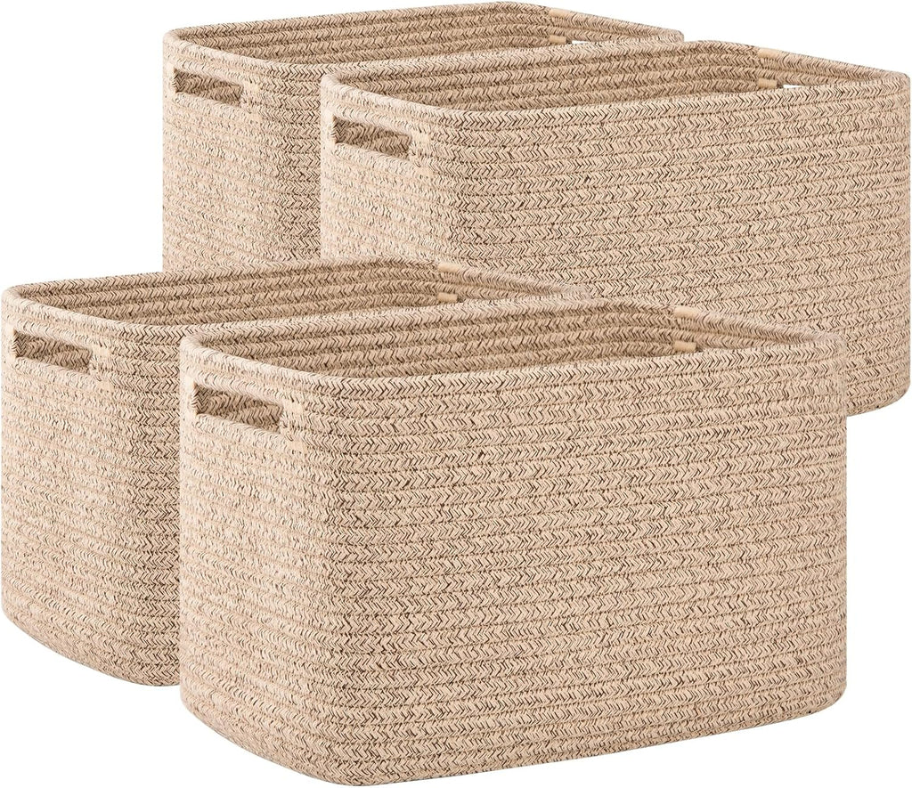 OIAHOMY Storage Baskets - 4 Pack Woven Cube Organizers with Handles | 16''L x 12''W x 8''H, Brown