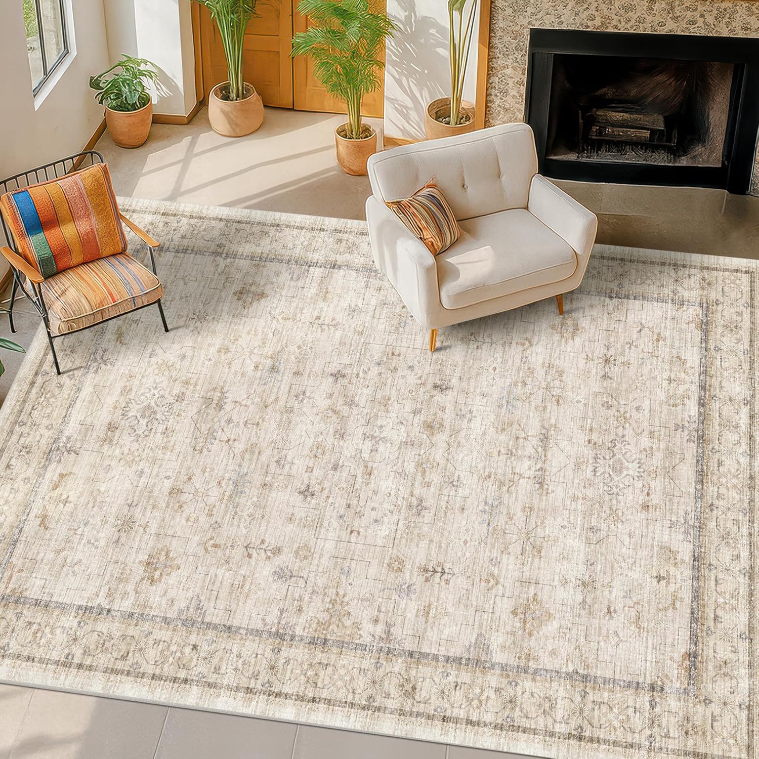 Skiennix Washable Ivory 5x7 Rug - Non-Slip Low Pile Carpet for Bedroom & Home Office | Retro Farmhouse Style