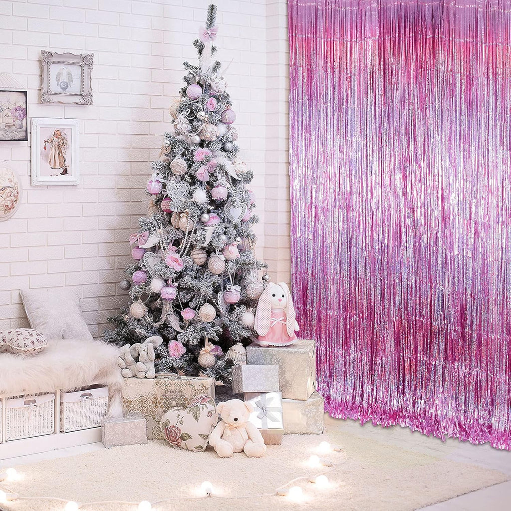 Skylety Purple Fringe Backdrop Curtains - 4 Pack Tinsel Foil Streamers for Party Decor | 3.2 x 8.2 Feet