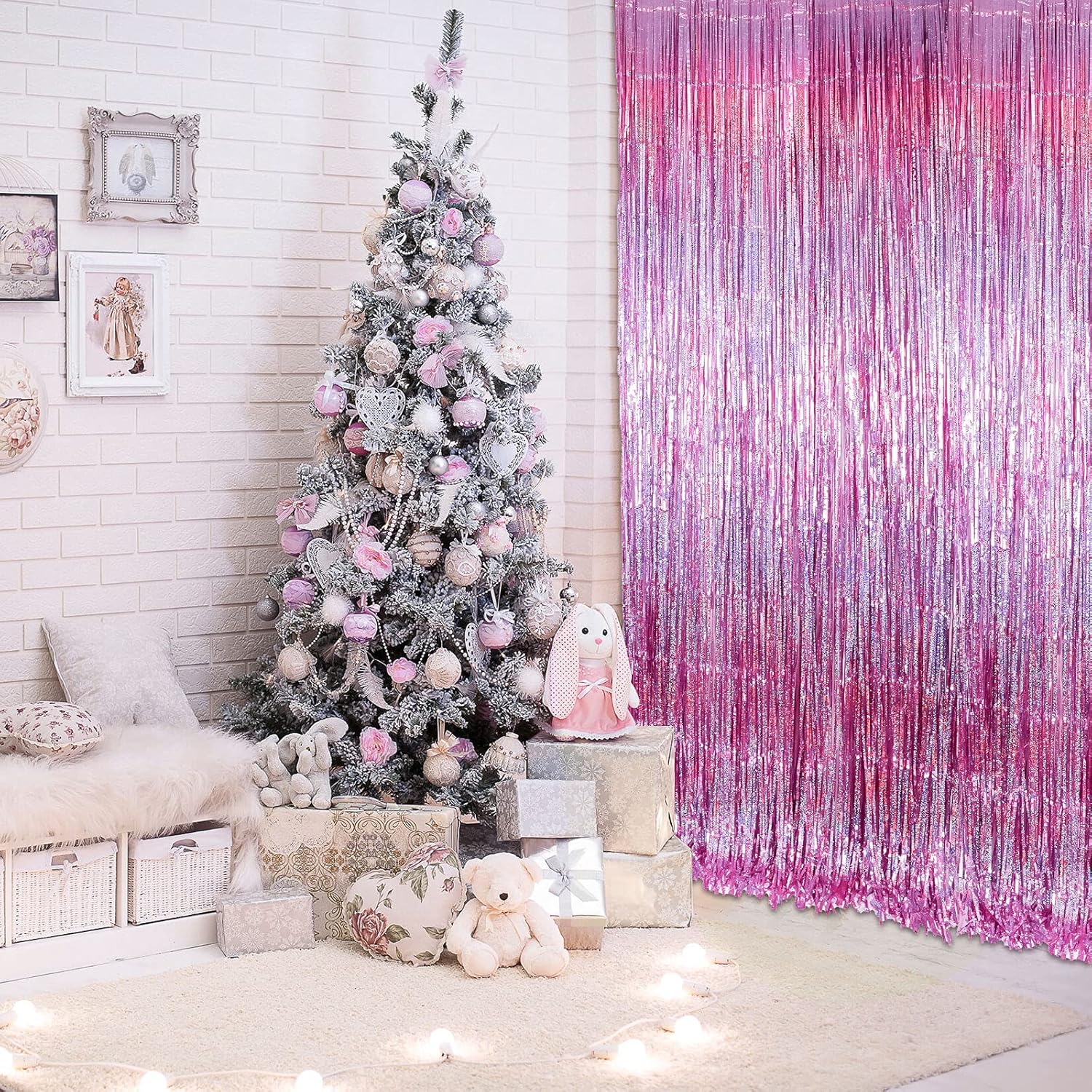 Skylety Purple Fringe Backdrop Curtains - 4 Pack Tinsel Foil Streamers for Party Decor | 3.2 x 8.2 Feet