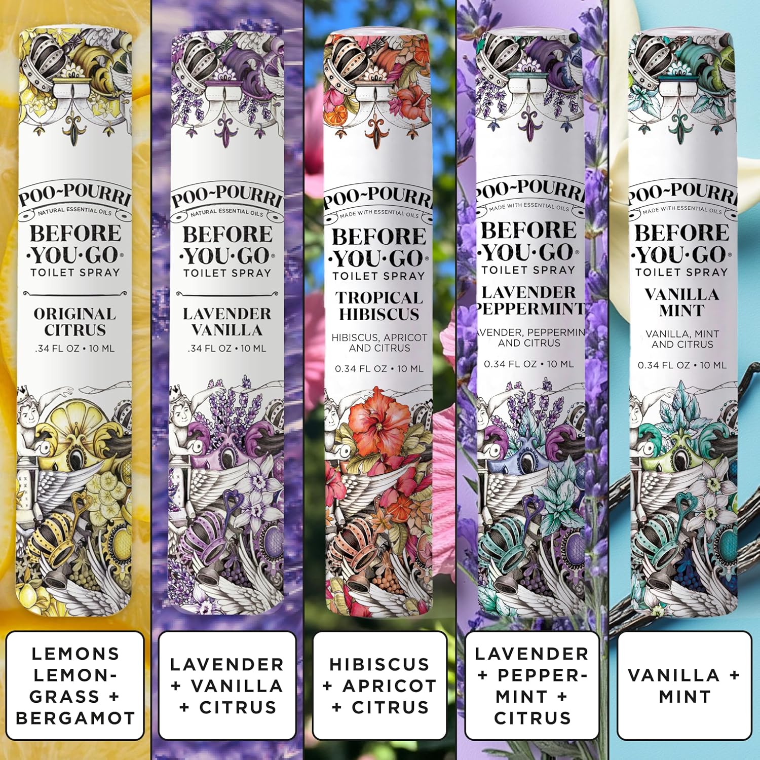 Poo-Pourri Before-You-Go Toilet Spray - Travel Essentials Variety Pack | 5 Scents, TSA Approved, 0.34 Fl Oz