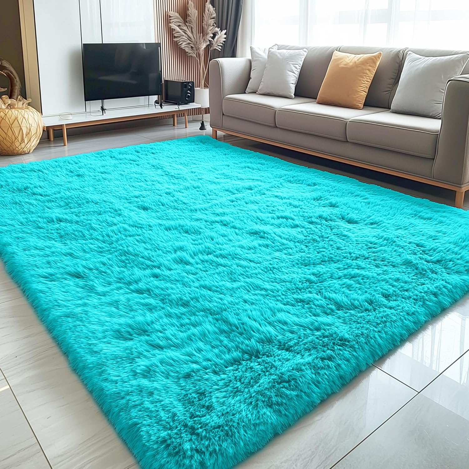 OLANLY Large Area Rug - Soft Fluffy Shaggy Indoor Carpet for Living Room & Bedroom | Teal Blue, 6x9 ft