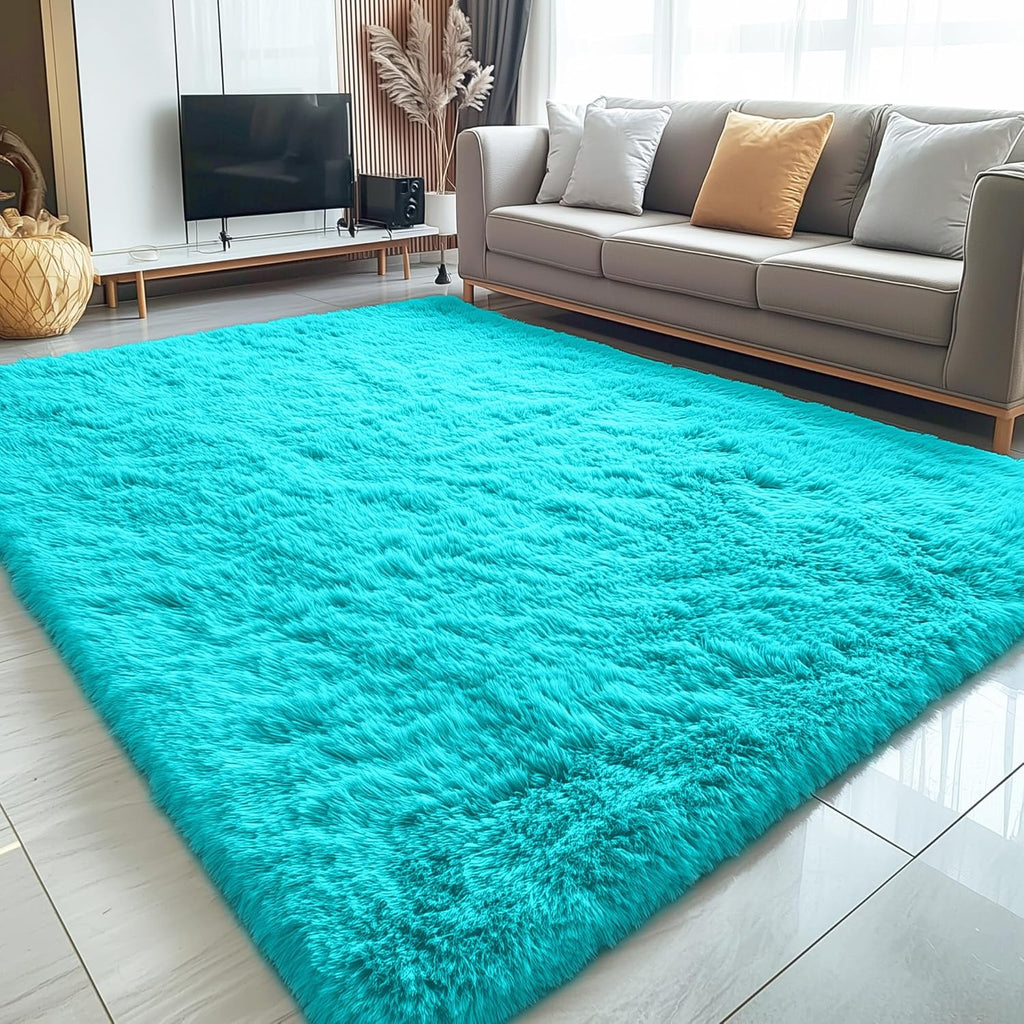 OLANLY Large Area Rug - Soft Fluffy Shaggy Carpet for Living Room & Bedroom | 5x8 Teal Blue