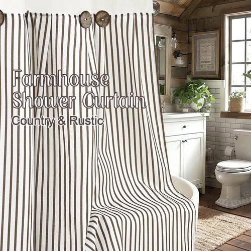 ASPMIZ Farmhouse Shower Curtain and Liner Set, No Hook Shower Curtain with Snap in Liner Fabric, Rustic Washable Waterproof Bathroom Curtains with Button, Mesh Top Window, Brown Striped, 71"x 74"