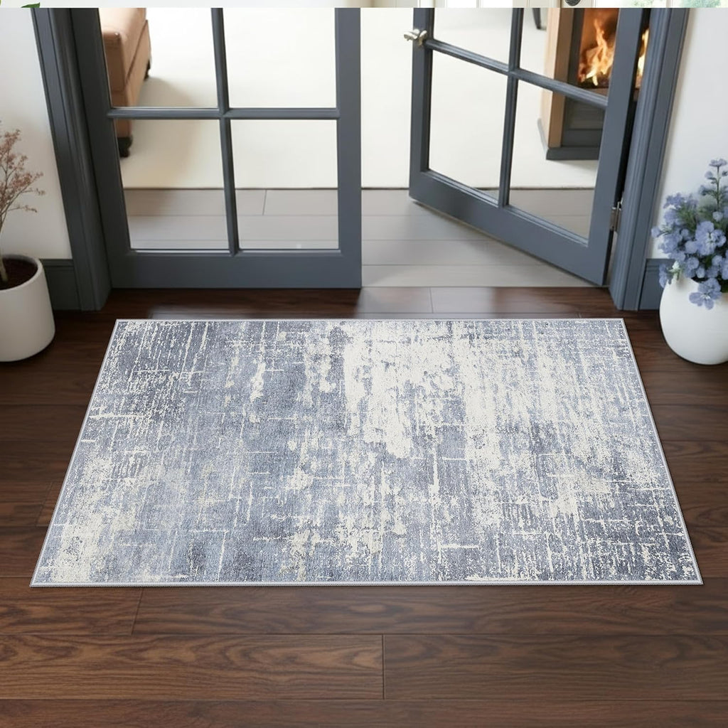 Skiennix Washable Kitchen Area Rug - Abstract Stain-Resistant Non-Slip Design | 2x4 ft, Blue/Ivory