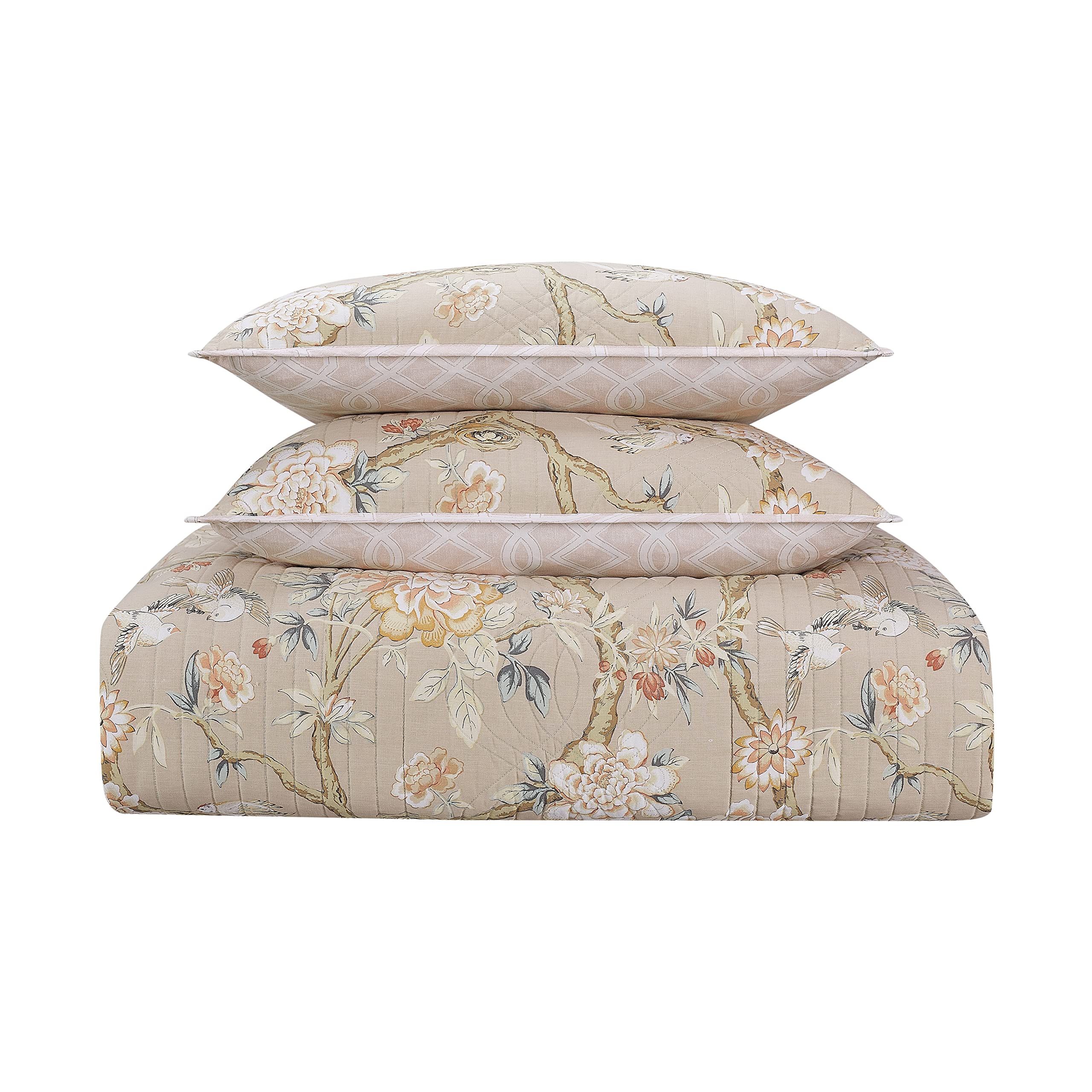 Waverly Peony Gardens 4 Piece Cotton Quilt Set, Embellished All Season Bedding, Includes One Quilt, One Bed Skirt and Two Pillow Shams, Machine Washable King Bed Set, Taupe