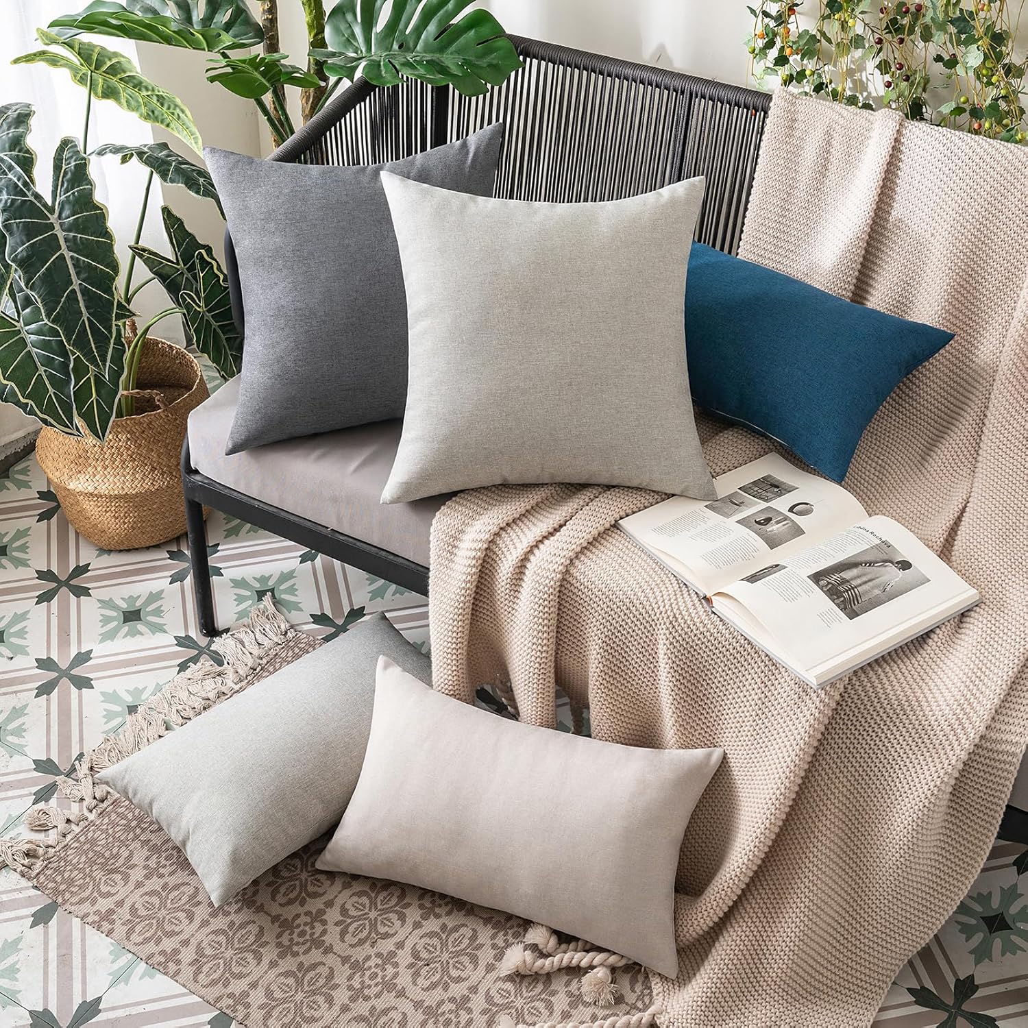MIULEE Decorative Outdoor Throw Pillow Covers - Waterproof Faux Linen Cushion Cases | 22x22 Inch Light Grey - Set of 2