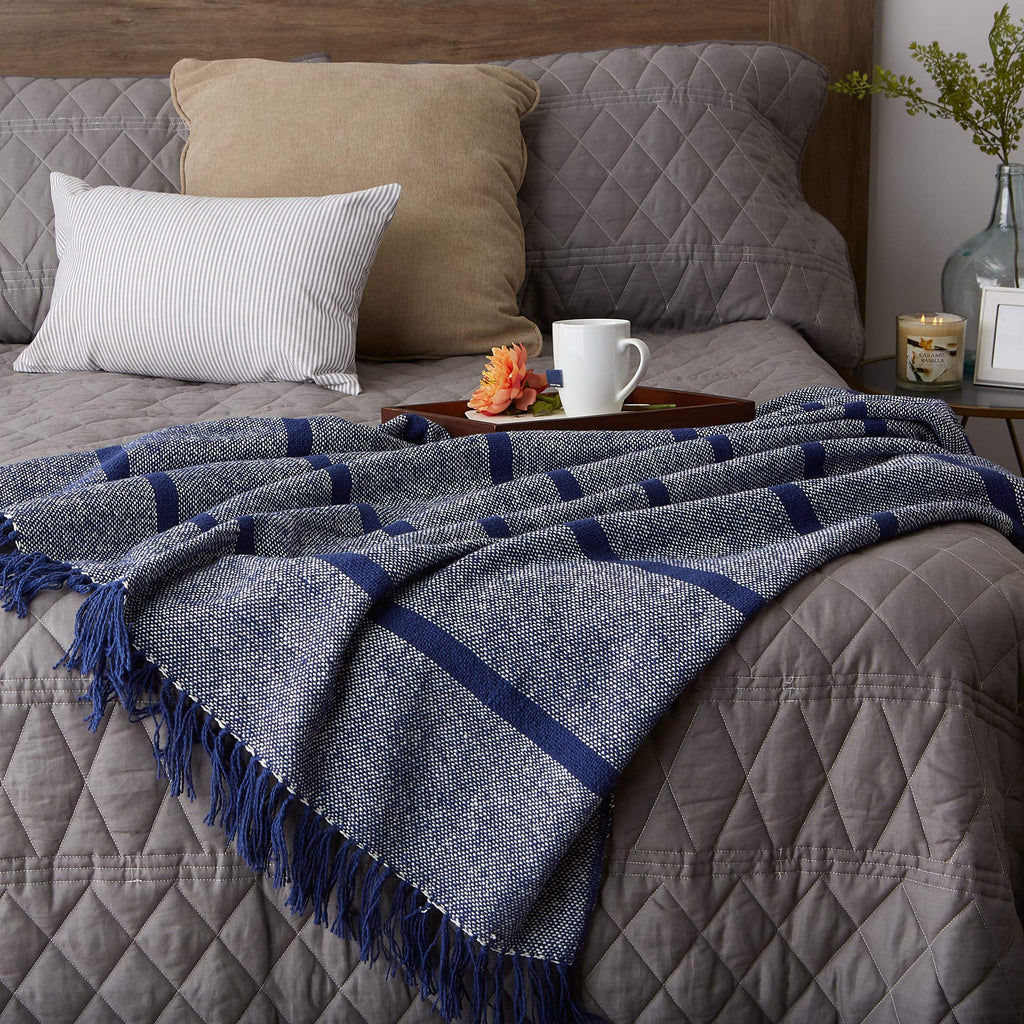 DII Navy Stripe Homespun Throw, 50x60 with 2.5" Fringe
