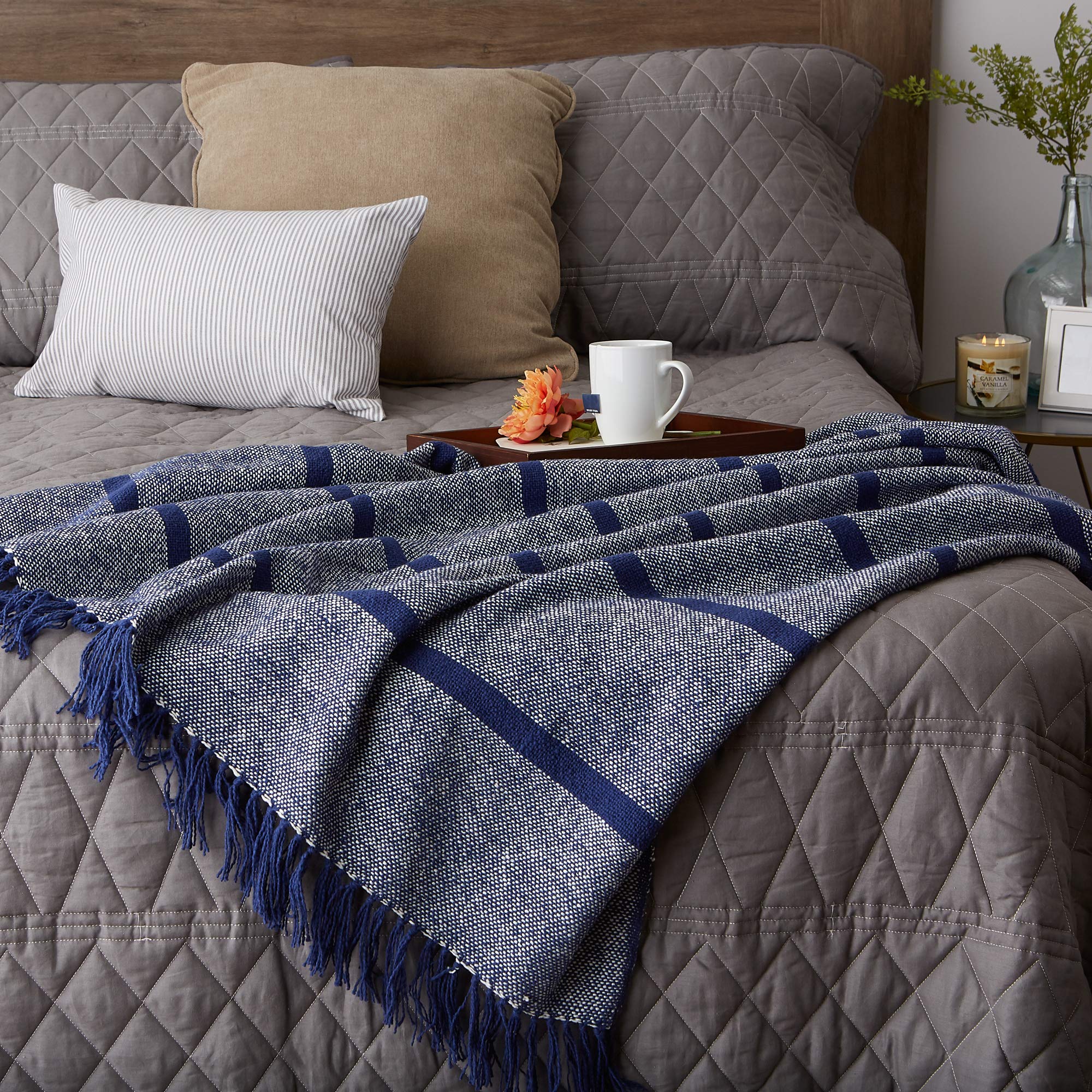 DII Navy Stripe Homespun Throw, 50x60 with 2.5" Fringe