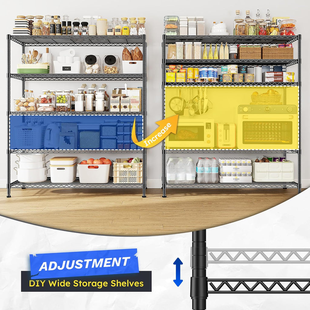 Skiennix 5-Tier Wire Shelving Unit - Adjustable Metal Storage Rack for Kitchen, Pantry, Garage | 45" W x 13.5" D x 70.5" H - Black