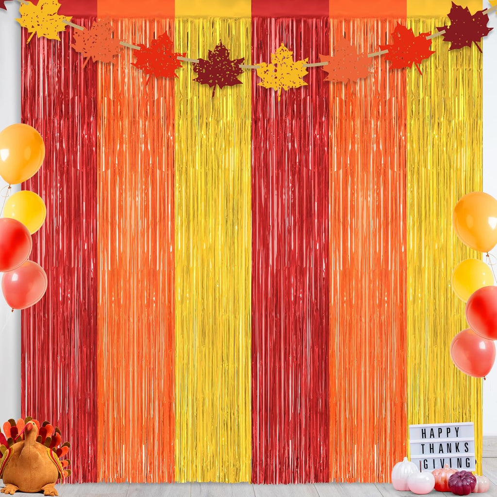 Regine Switzerland Thanksgiving Backdrop - 2 Pack Red Orange Gold Metallic Fringe Curtains | 3.28 FT x 7.05 FT Photo Props