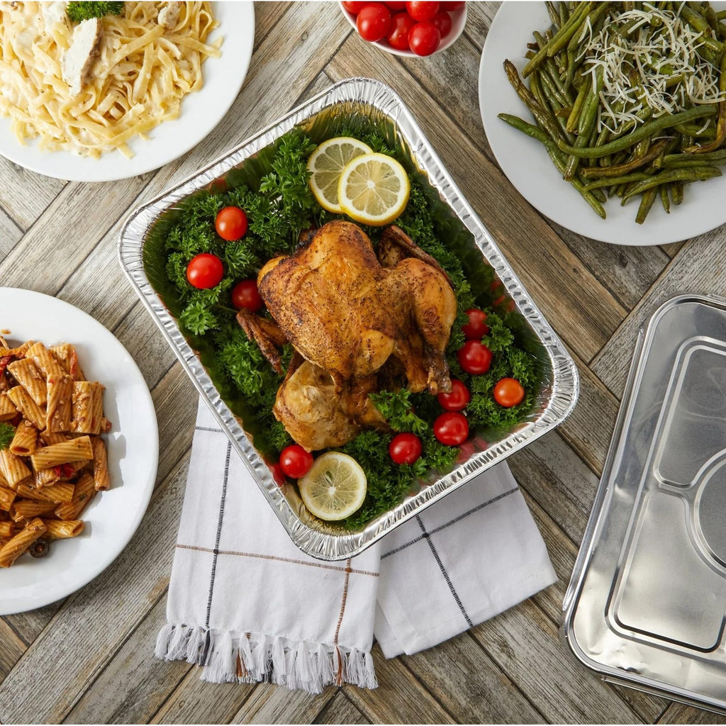 Aluminum Pans With Lids 9x13 [10 Sets] Aluminum Foil Pans Trays With Lids - Half Size Tin Foil Disposable Pans For Baking, Cake Serving Dishes, Roasting, Heating, Serving & Lining Steam-Table Trays