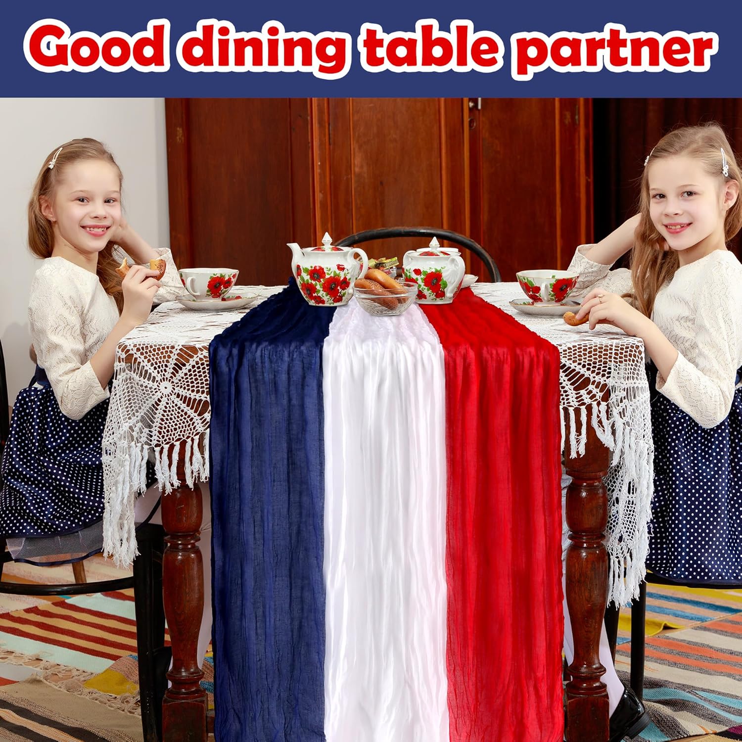 RunNico Cheese Cloth Table Runner Set - 2 PCS Rustic Red, White & Blue | 120 x 38 Inch Patriotic Decor