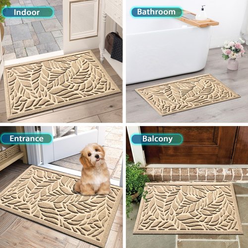 Bulijojo Front Door Mat Entrance,Durable Heavy Duty Welcome Mat,Thick Absorbent Natural Rubber Non Slip Mat,Sturdy Entryway Beige Leaves 17x30