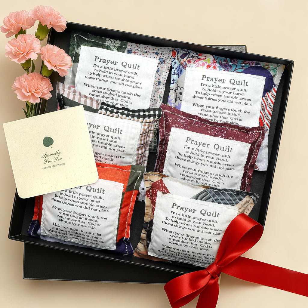 SURDOCA 6PCS Prayer Quilt with Cross Inside & Greeting Card, Handmade Pocket Prayer Quilt in Gift Box, Christian Get Well & Encouragement Gift for Women & Men
