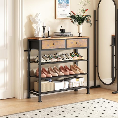 Kitstorack Shoe Rack - 4-Tier Organizer for 9-12 Pairs with 2 Drawers & Rustic Brown Wooden Top