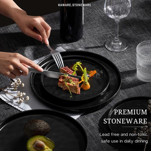 HaWare Dinnerware Sets, 12-Piece Plates and Bowls Set, Stoneware Dish Set for 4, Ceramic Dinnerware for Home Restaurant, Chip and Scratch Resistant, Microwave and Dishwasher Safe, Matte Black