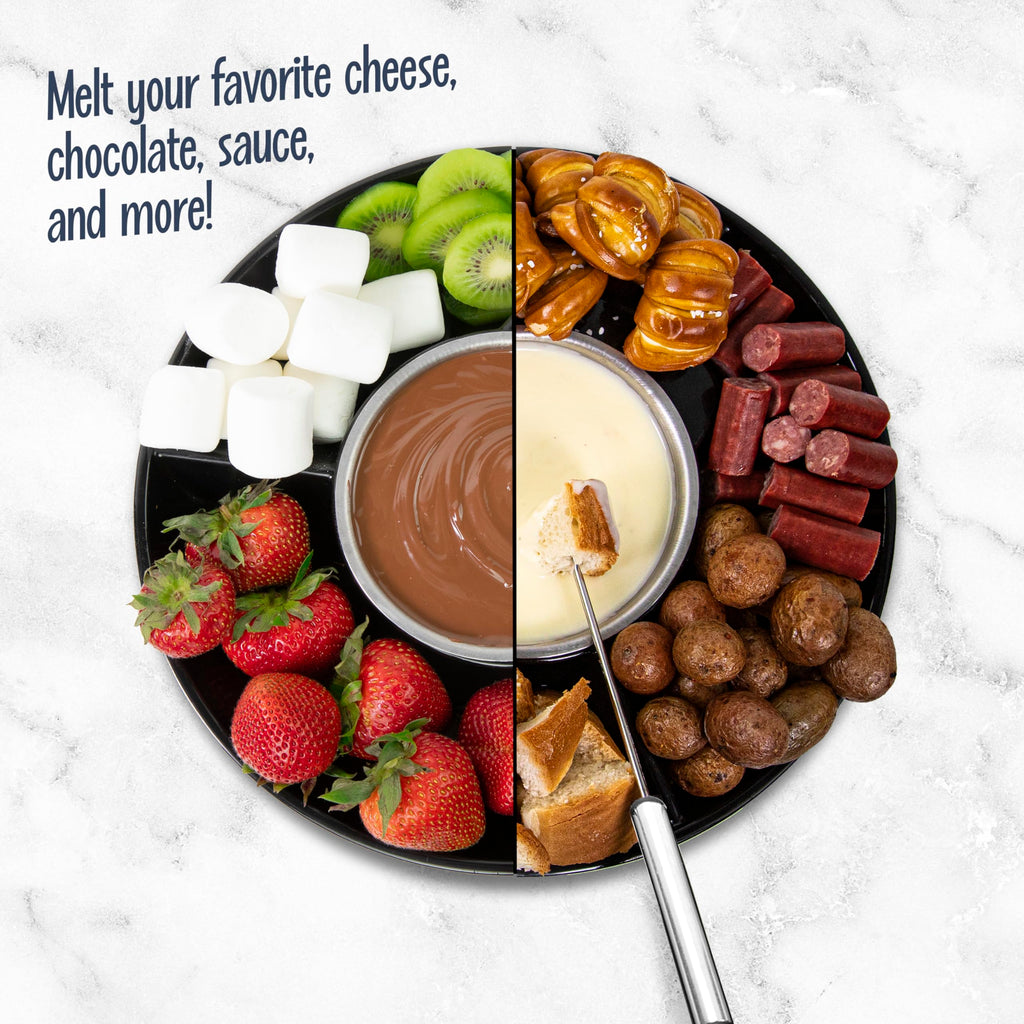 Nostalgia Electric Fondue Party Set – 10 oz Melting Pot, 4 Roasting Forks, & Detachable Serving Tray – Melted Cheese, Chocolate, or Dessert – Perfect for Gifts, Parties, Date Night – Black
