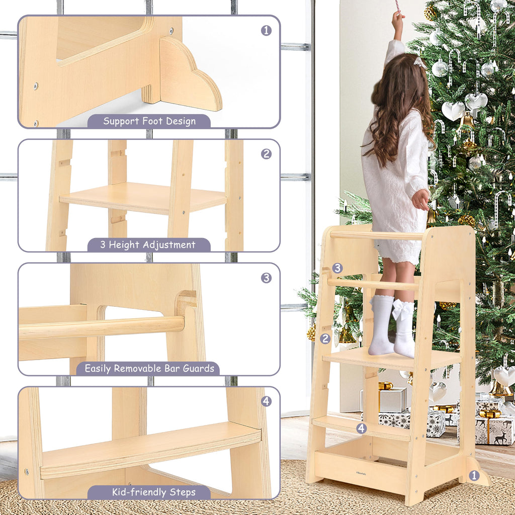 Pillowhale Standing Tower for Toddlers- Adjustable Height with 360° Safety Rail, Kids Step Stool with Safety Rail, Wooden Step Stool, Age 18 Months-6years