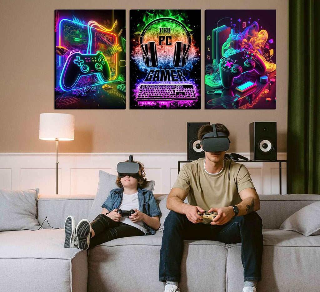 PPV Gaming Wall Art - Retro Video Game Canvas Prints | Colorful Neon Gamepad Posters for Boys' Room 12x16in