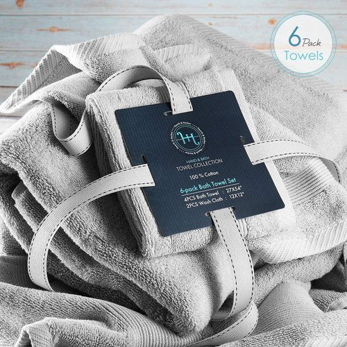 Hearth & Harbor Bath Towels - Luxury 100% Ring Spun Cotton Set of 6 - Ultra Soft & Highly Absorbent | Silver Gray