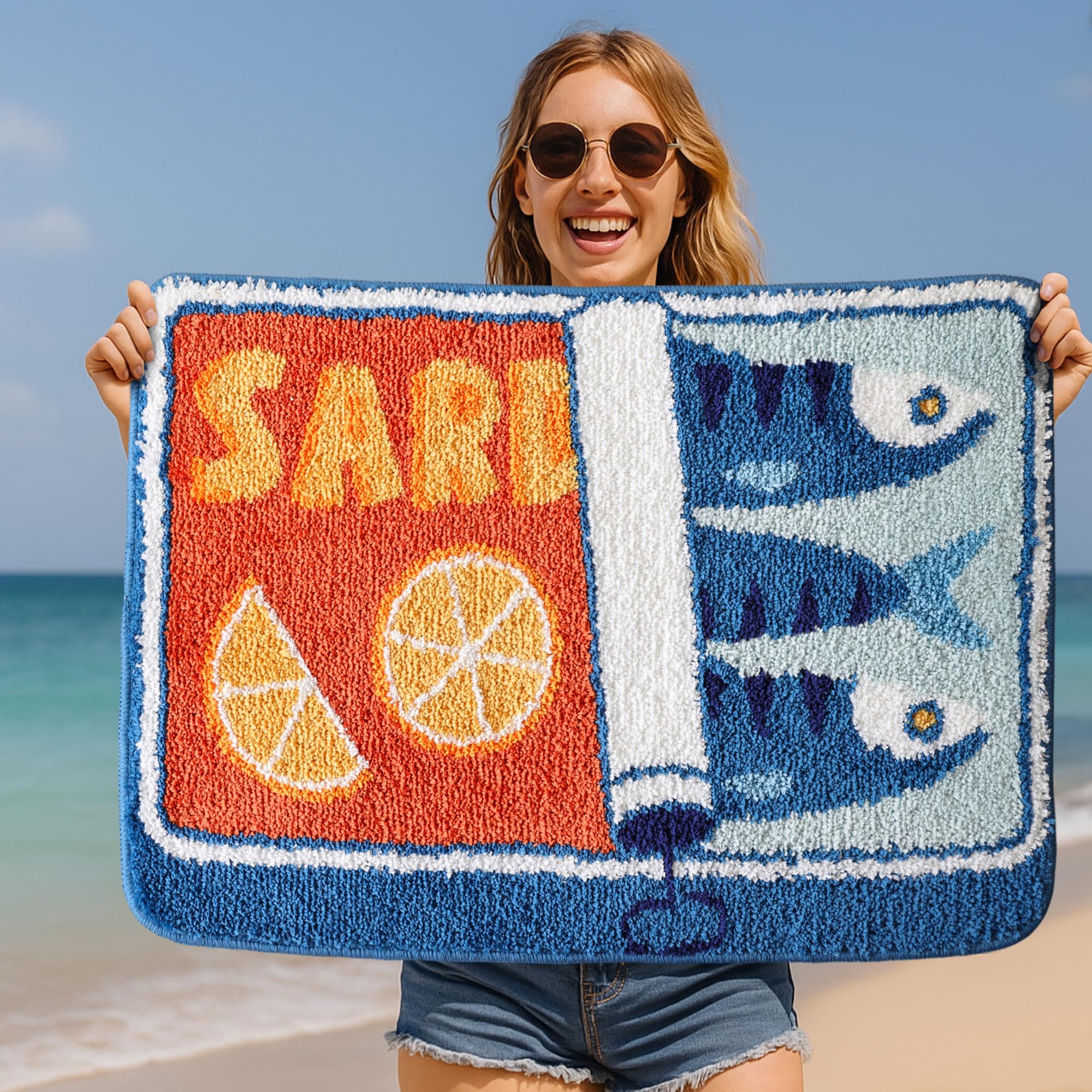 TRUEDAYS Sardine Can Bath Mat, Blue Bathroom Rugs for Bedroom, Soft Washable Rug Non Slip Cute Kitchen Bath Mats for Bathroom Funny Cartoon Fish and Lemon