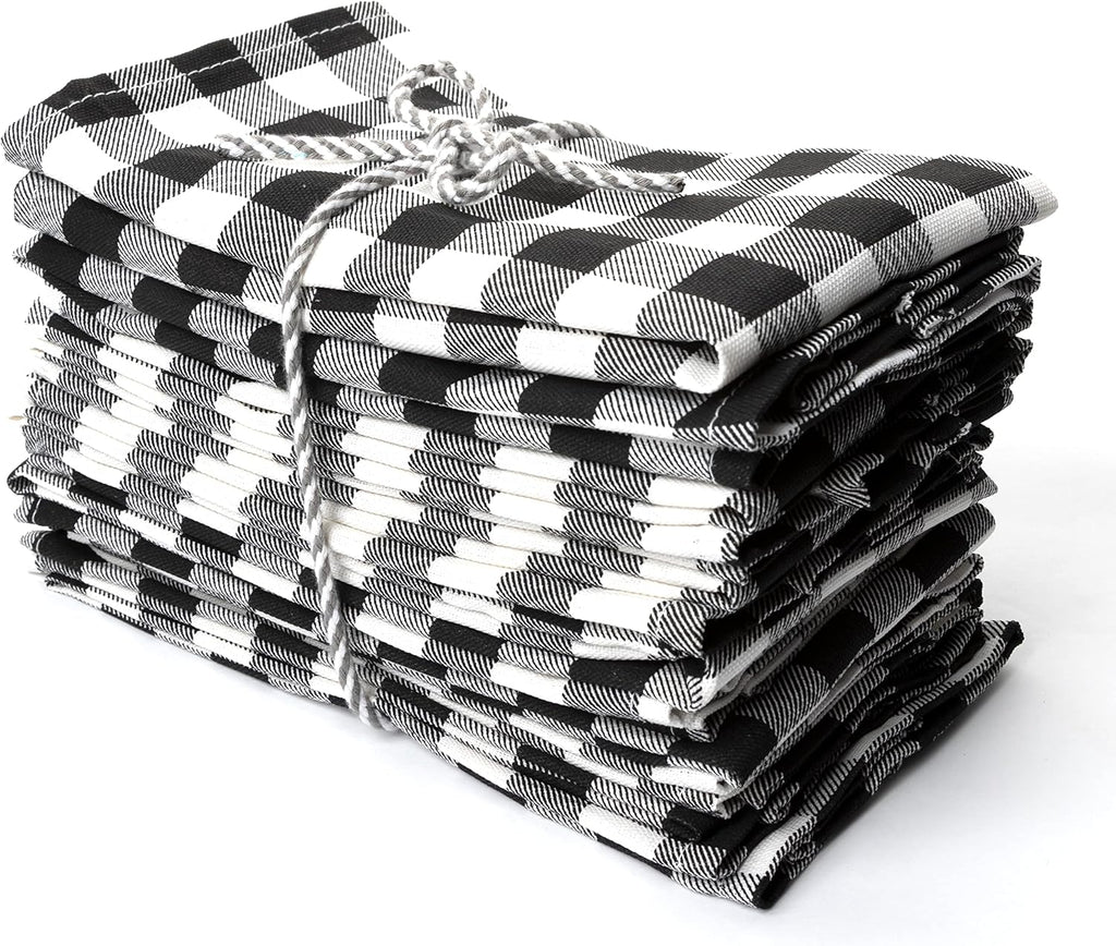 PERLLI Cotton Cloth Napkins - 12 Pack 18x18 Inches | Black and White Plaid Design, Washable & Reusable for Elegant Table Settings