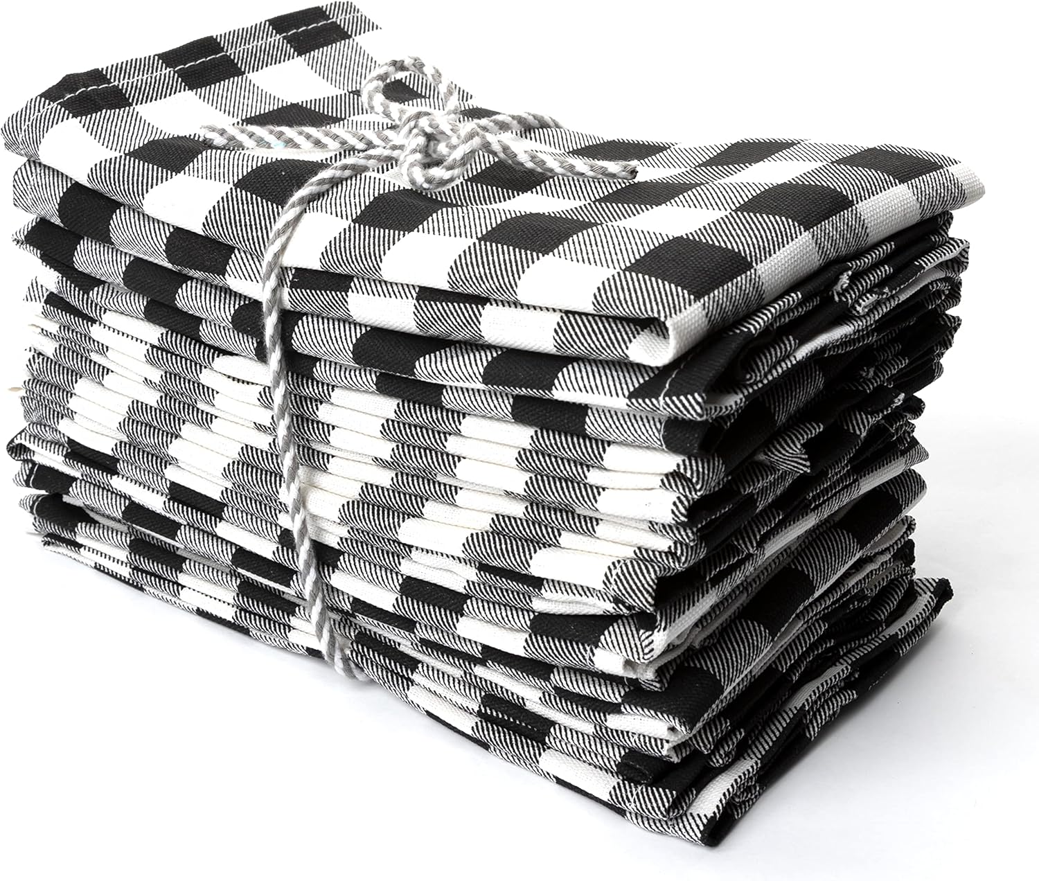 PERLLI Cotton Cloth Napkins - 12 Pack 18x18 Inches | Black and White Plaid Design, Washable & Reusable for Elegant Table Settings