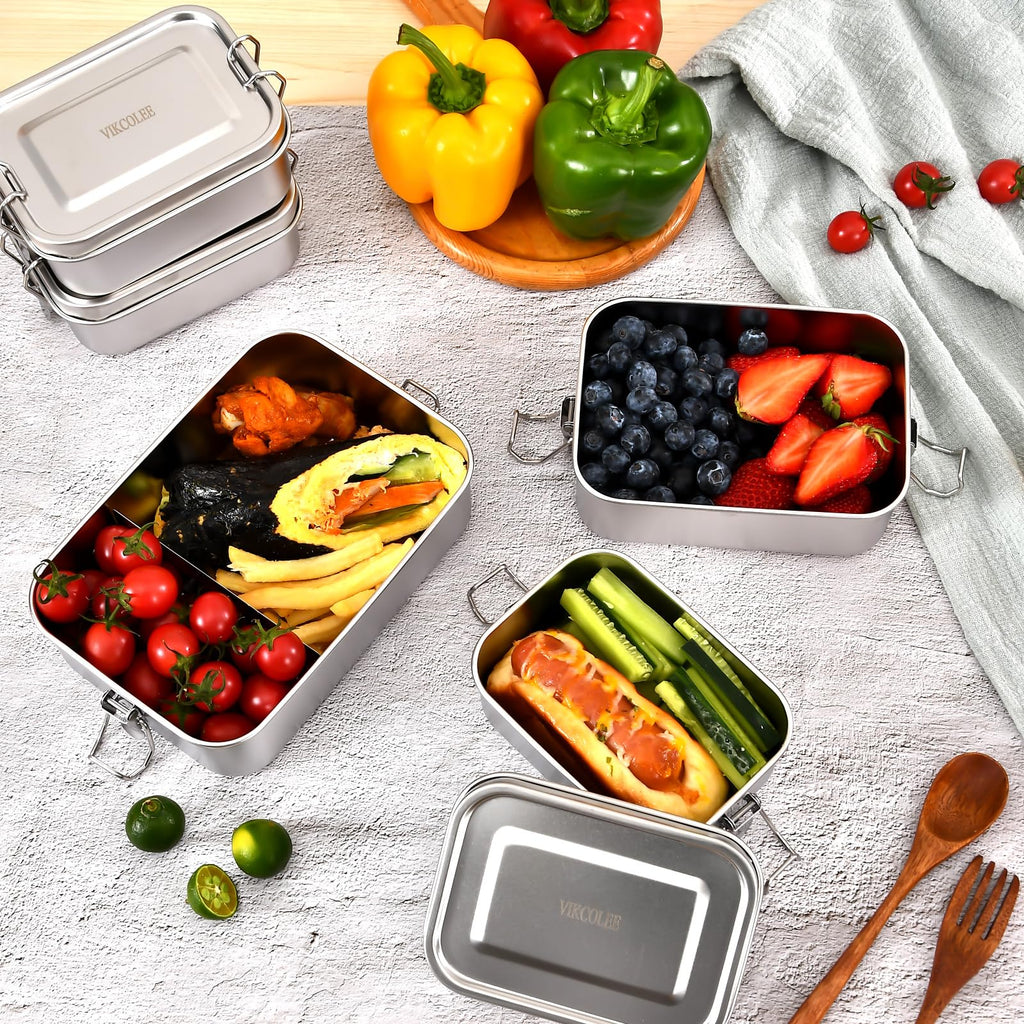 VIKCOLEE 4 PCS Stainless Steel Bento Box 4-Size, Metal Lunch Box, Food Containers, Lunch Container for Home, Work, Camping (550ml+850ml+1400ml+2400ml)