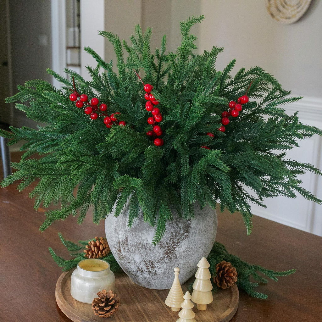 florisso Artificial Faux Christmas Norfolk Pine Stems Branches for Vases,12 Bundles Fake Evergreen Real Touch Greenery Stem with 3 PCS Red Berry Branches for Xmas Holiday Winter Table Indoor Decor