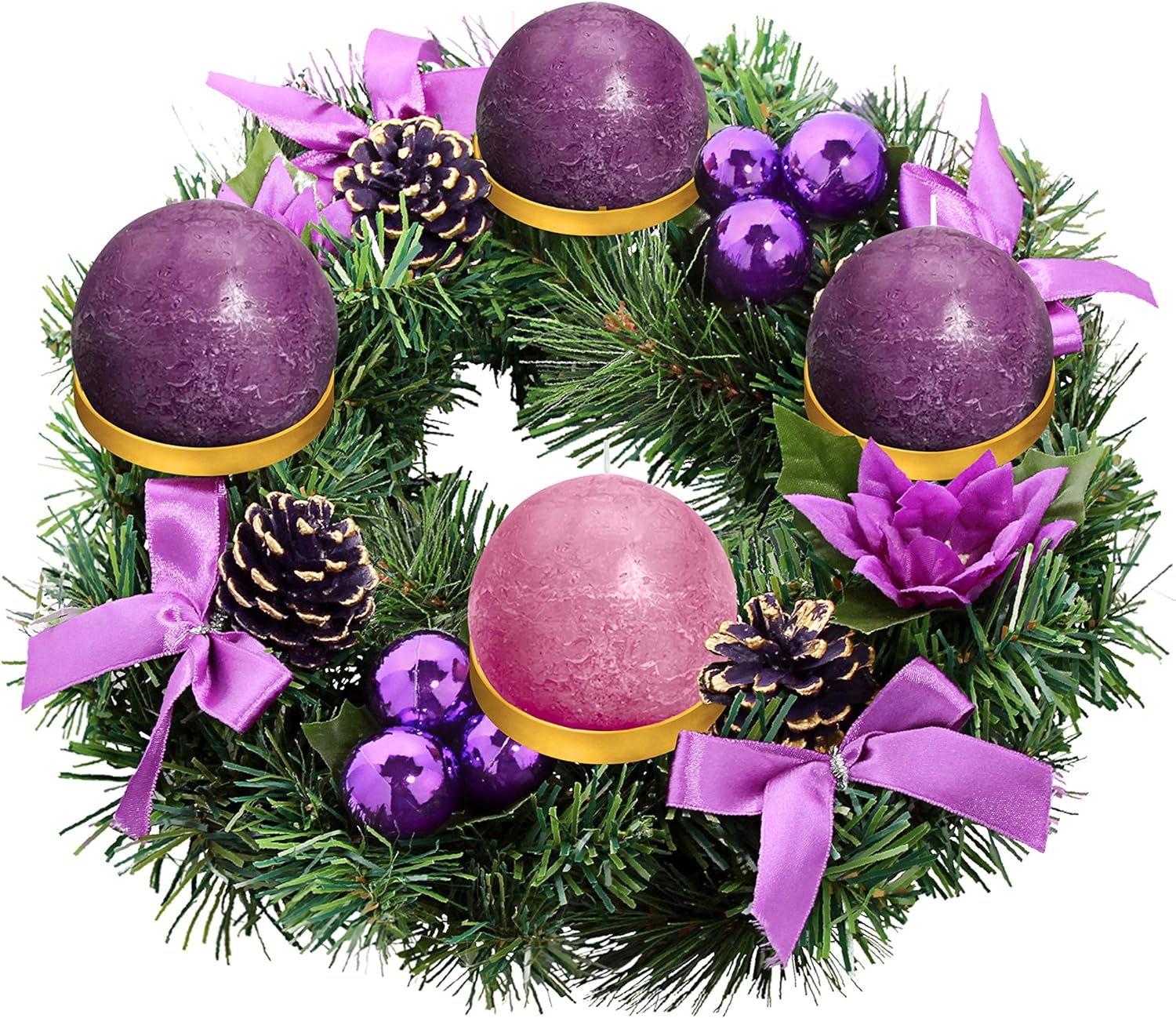 Purple Ribbon Advent Wreath Ring Candle Holder - Large Pillar Candle Stand for Christmas Decor