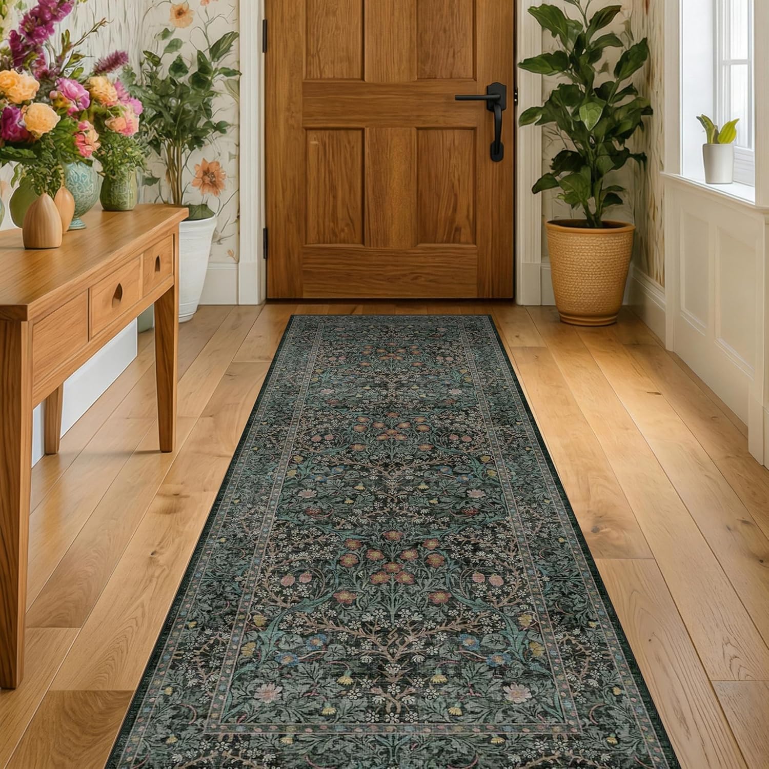 Skiennix 8ft Long Hallway Runner - Non-Slip, Washable Rubber Backing | Vintage Floral Dark Green & Black