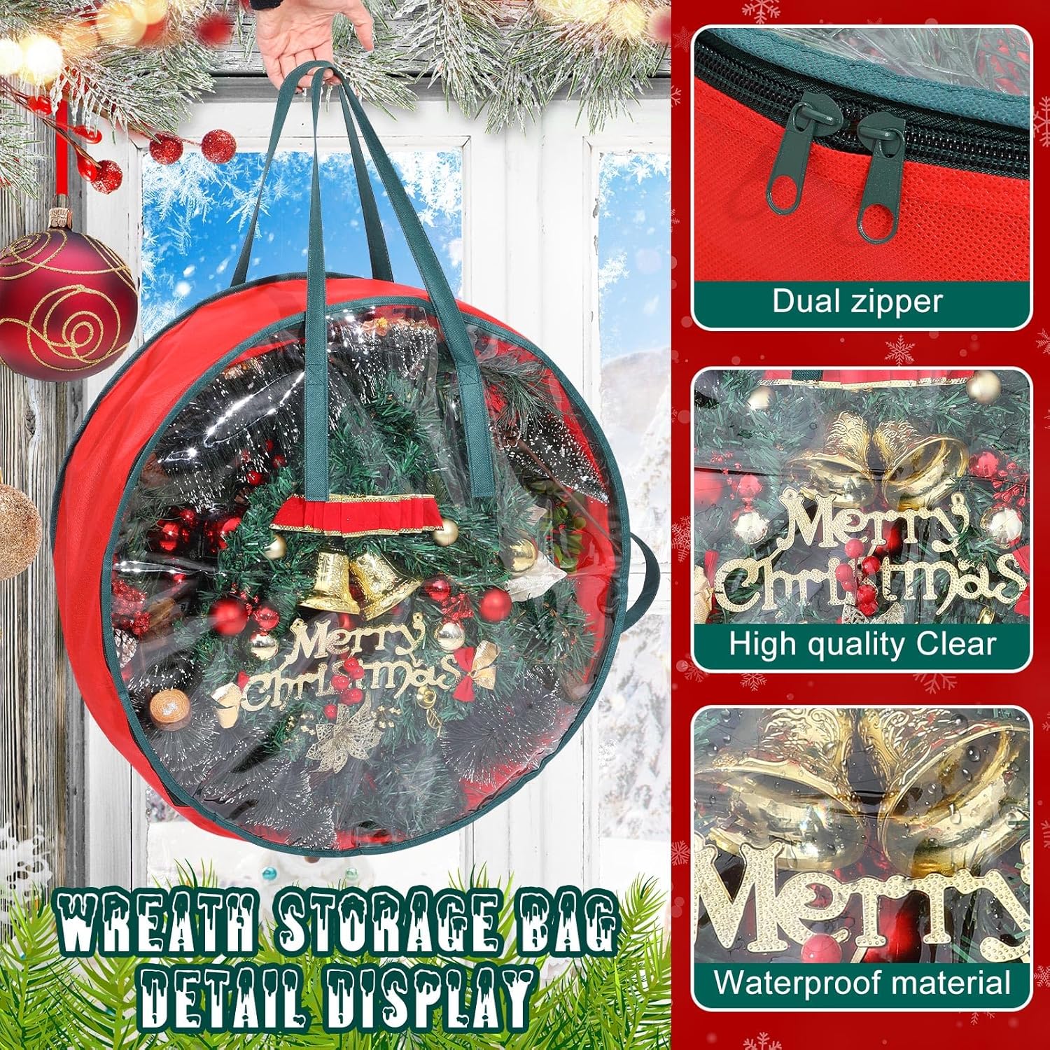 Shappy Wreath Storage Bag - 8 Pcs Red Clear Window Containers with Handle for Holiday Decor