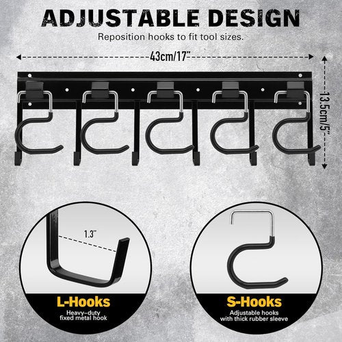 ELEAD 68'' Adjustable Metal Garden Tool Organizer - Wall Mount with Black Hooks for Garage Storage