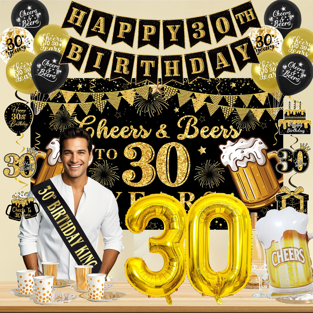 Vlipoeasn 30th Birthday Decorations for Him, Cheers and Beers to 30 Years Decorations for Men, Happy 30th Birthday Decor Kit with Backdrop Banner, King Sash