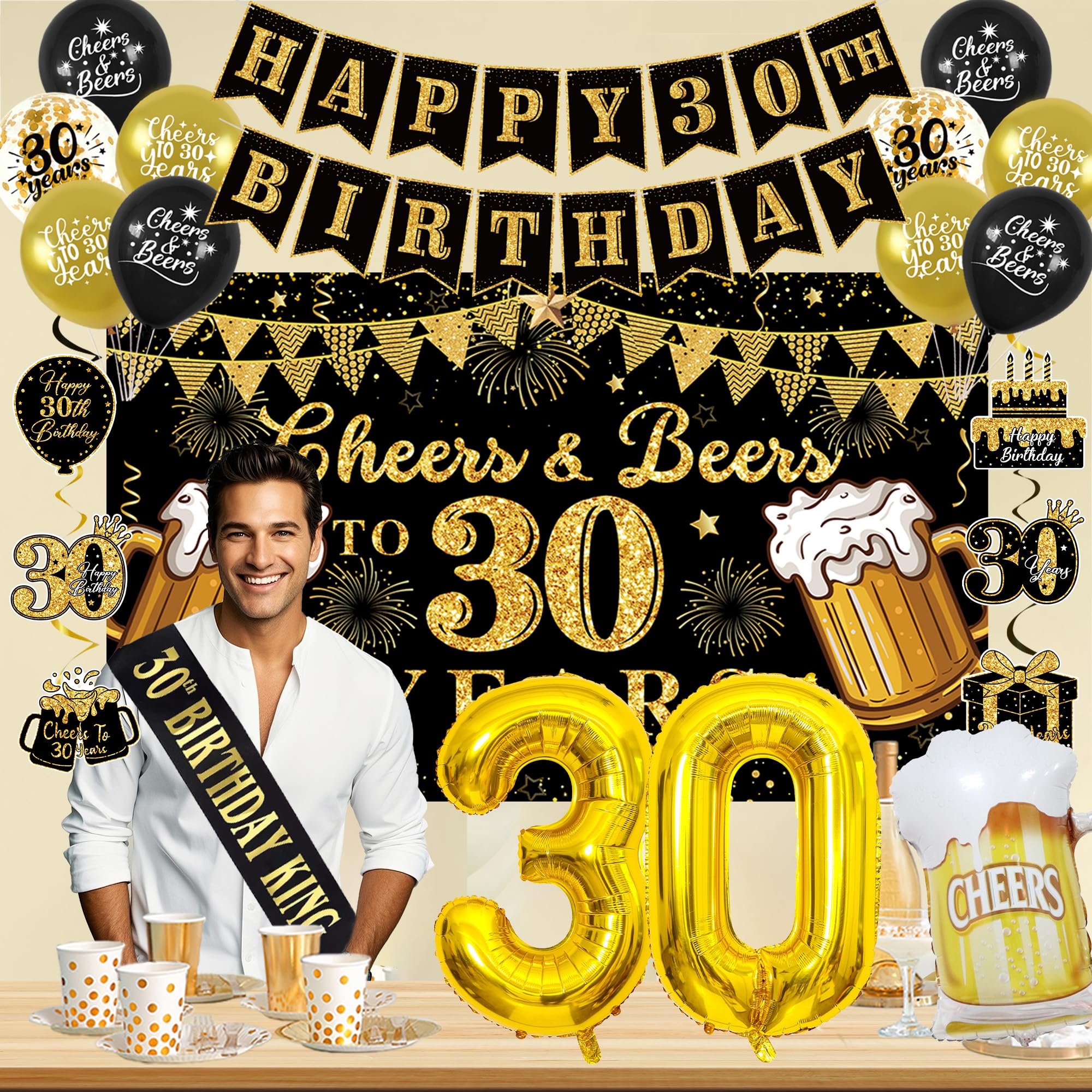 Vlipoeasn 30th Birthday Decorations for Him, Cheers and Beers to 30 Years Decorations for Men, Happy 30th Birthday Decor Kit with Backdrop Banner, King Sash