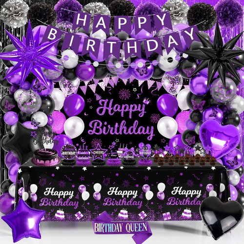 Black and Purple Birthday Decorations Kit, Purple and Black Party Decorations - Purple Happy Birthday Backdrop Banner, Balloon Arch, Tablecloth, Fringe Curtain for Women Girls Kids Celebration
