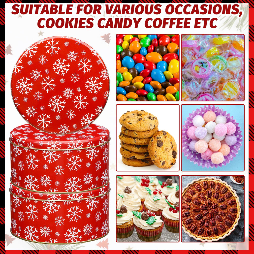 Suttmin 6 Pcs Christmas Cookie Tins with Lids 7 Inch Round Metal Snowflake Container Xmas Cookie Boxes Empty Holiday Decorative Tins for Gift Giving Baking Chocolate Snack Storage