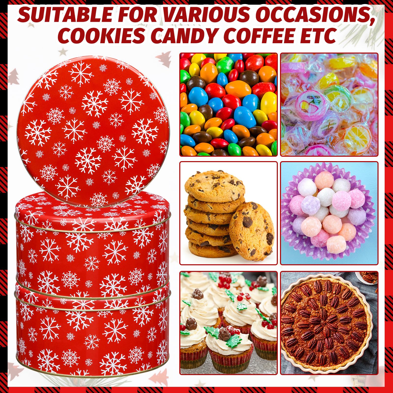 Suttmin 6 Pcs Christmas Cookie Tins with Lids 7 Inch Round Metal Snowflake Container Xmas Cookie Boxes Empty Holiday Decorative Tins for Gift Giving Baking Chocolate Snack Storage