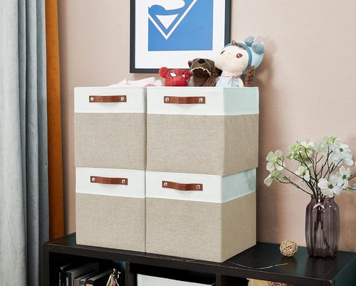 DECOMOMO Fabric Cube Storage Bins - Stylish Storage Baskets for Kallax & Cubbies | Beige & White, 11-Inch Cube - 4 Pack