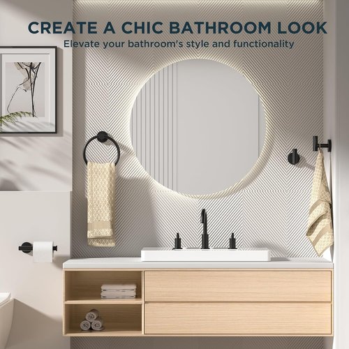 FORIOUS Bathroom Accessories Set - SUS304 Stainless Steel Toilet Paper Holder, Towel Ring & Hooks | Matte Black Finish