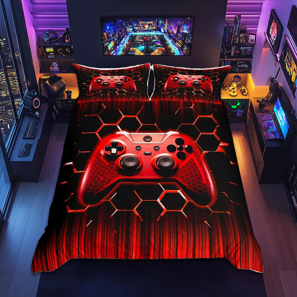 Manfei Kids Gaming Duvet Cover Set Full Size, Red Geometric Gamepad Bedding Set 3pcs for Boys Girls Game, Modern Gamer Comforter Cover Videogames Reversible Quilt Cover with 2 Pillowcases,No Comforter