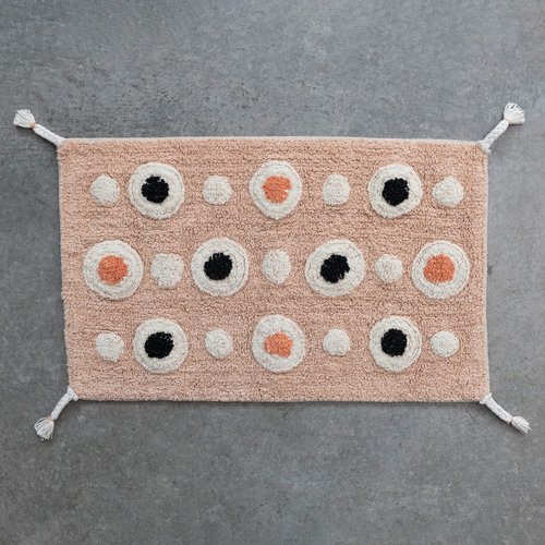 Boho Cotton Tufted Bath Mat with Circle Pattern and Tassels, Multicolor